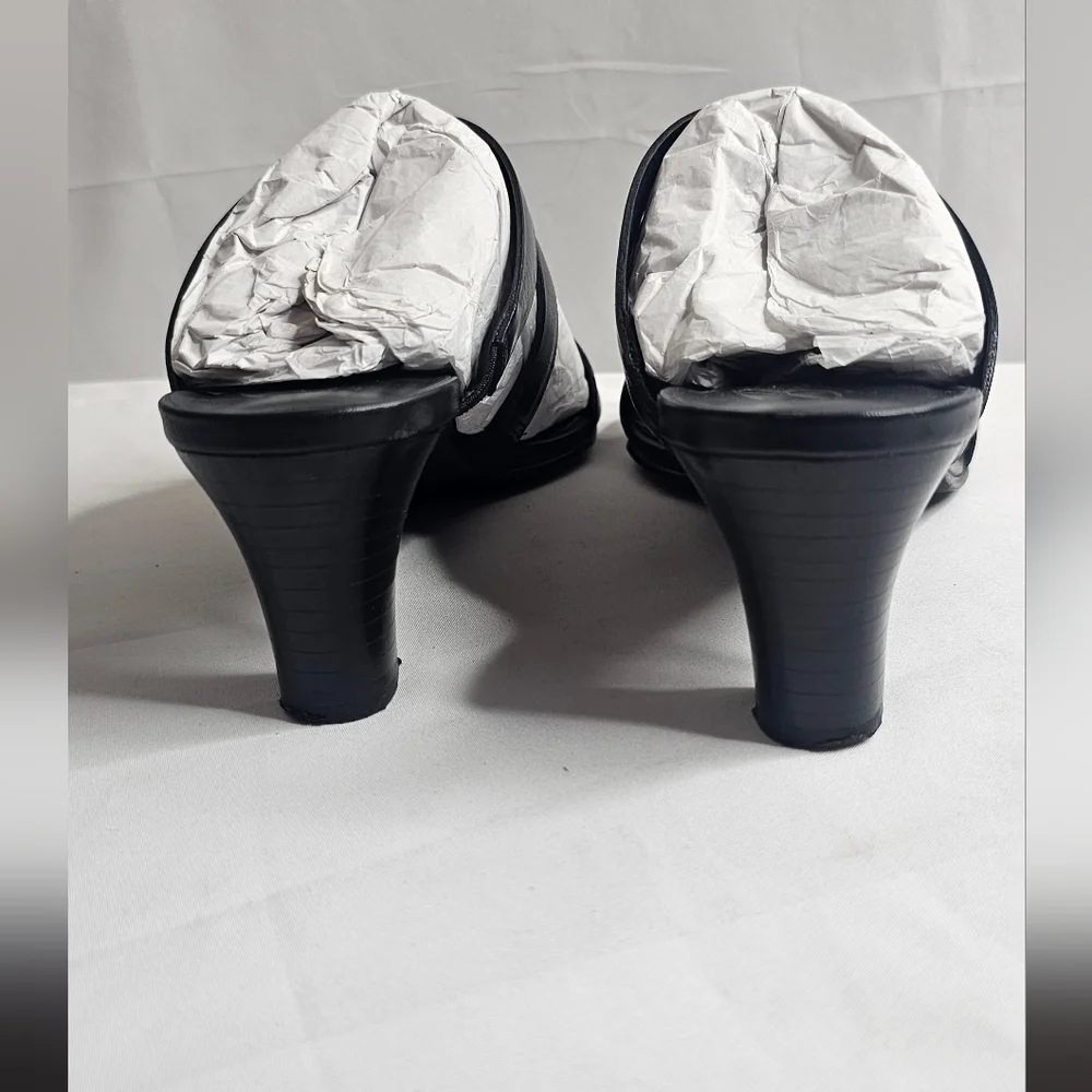 7 M Brighton Trista Shoes Slip-on Block Heels Sandals Black Leather Open Toe